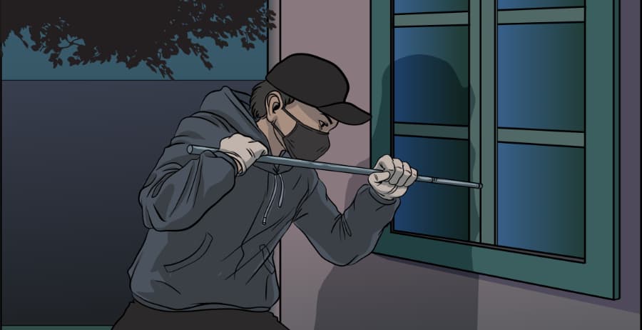Illustration of burglar forcing entry through a window in Yakima